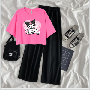 Satu Set Baju Remaja Kekinian Motif Kuromi (Baju Crop Dan Celana Kulot)
