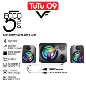 Vinnfier VF ECCO 5 BTU Bluetooth USB Powered 2.1 Speaker LED Lights FM Radio Micro-SD Card Slot