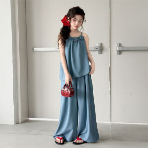 Teenage Girls Denim Suit Three Standing Flower Vest+Wide Leg Pants 2Pcs Summer Thin Children Clothing Sets for Kids New Outfits H260702