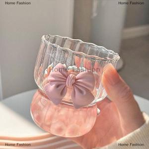 [COD] Home Fashion Pink Bow Glass Cute Water Cup Cartoon Bow Glass Cup Striped Cute Doodle Coffee Mug Household Fruit Tea Lemonade Girls Gift