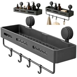 Suction Cup Bathroom Shelf with Hooks / No Drill Wall Mounted Draining Rack Holders / for Shampoo Bottle Towels Brushes / Toilet Storage Shelves