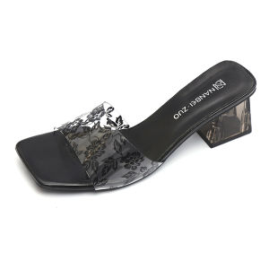 IELGY Flat toe high-heeled slippers with square toe womens thick heel transparent slippers