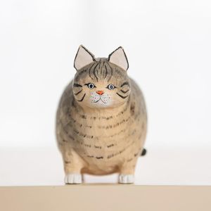 Cute Fat Wooden Cat Figurine Cat Statue Handmade Wooden Cat Art Carving Work for Decoration (Grey L: 3.42" x W: 2.2" x H: 3.11")