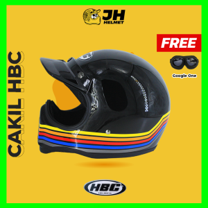 Helm Cakil HBC Strip Black Glossy + FREE GOGGLE | Helm Retro | Full Face | Jual Helm