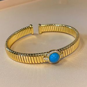 BELLUX Italian Gold Striped Artificial Blue Turquoise Elastic Bracelet s925 Pure Silver Vintage Fashion Open Bangle