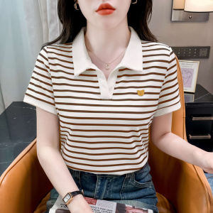 Ammin 2024 mùa hè sọc cổ điển mới cổ áo polo tay ngắn cotton áo thun nữ phong cách Hàn Quốc giản dị cá tính thêu Áo Blouse thanh lịch