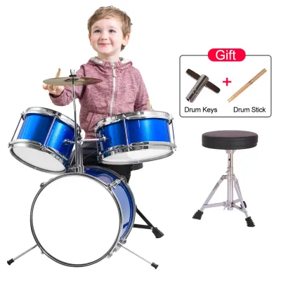 Minsine Drum Set for Kids and Beginners 3-Piece 13 Drum Kit with Adjustable Throne Cymbal Pedal & Two Pairs of Drumsticks Junior Drum Set with Bass Tom Snare Drum Metallic Red