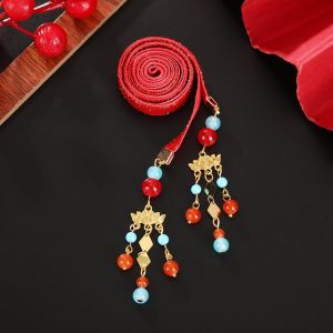 REEBO Butterfly Satin Red Long Headband Bell Tassel Chinese Long Hairband Sweet Plush Ball Girls Ribbon Head Rope Kids