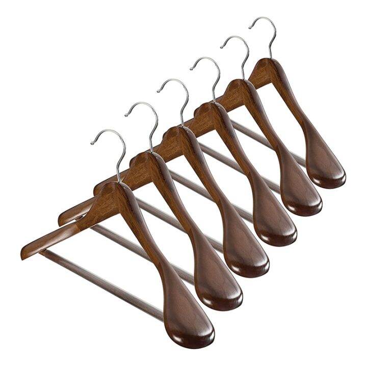 Wide Shoulder Wooden Hangers 6 Pack with Non Slip Pants Bar - Smooth ...