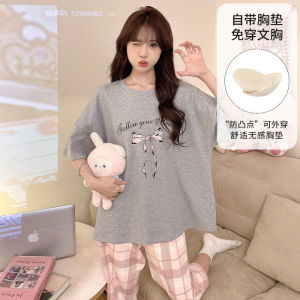 Padded Pajama For Women Cartoon Cute Short Sleeve 3/4 Length Summer Lady with Chest Pad Terno Sleepwear Woman Home wear