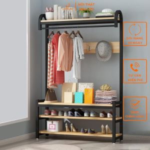 VNH-526 Giá treo kệ khung sắt mặt gỗ treo đồ quần áo kết hợp 4 tầng đa năng với thiết kế thông minh tiện ích