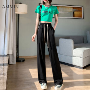 Ammin phong cách Hàn Quốc đàn hồi eo cao NƠ REN lên thiết kế Lụa băng quần ống rộng của phụ nữ mỏng mùa hè cạp cao dáng đứng Ống võng giảm béo đàn hồi giản dị quần