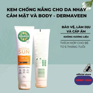 Kem chống nắng dưỡng ẩm dành cho da nhạy cảm mặt và body DERMAVEEN SPF50+ 100g  - Chỉ số chống nắng cao giúp bảo vệ da khỏi tia UVA/UVB hỗ trợ ngăn ngừa lão hóa sớm tàn nhang và các bệnh ung thư da do ánh nắng mặt trời.