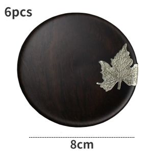 Sacesr 6pcs Ebony Tea Coaster Creative Retro Cup Holder Pure Tin Lotus Leaf Maple Leaf Coaster Solid Wood Chinese Tea Set Accessories R6P8Q