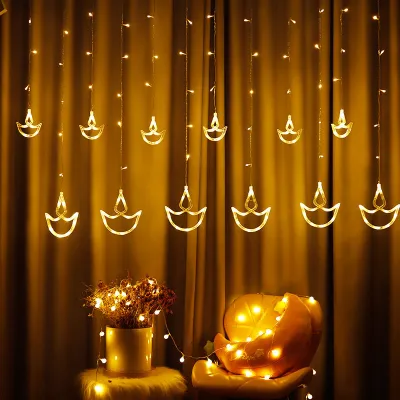 2.5m Diwali Light Deepavali Light CurtainString Lights with Pack of 12 Hanging Diyas Anchor Curtain Lights deepavali decoration light Bedroom Christmas Deepavali Wedding Decoration String Lighting