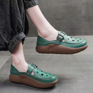 Free Shipping Baotou Sandals For Women Summer Outdoor Fashion Versatile Mom Shoes Soft Leather Thick Sole Breathable Hollow Design Two-Way Wear Perforated Shoes