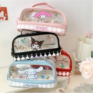 Kawaii Sanrio Hello Kitty Kuromi My Melody Cinnamoroll Pencil Case Double Layer Large Capacity Pen Bag Cartoon Portable Pencil Box School Student Supplies Stationary Organizer