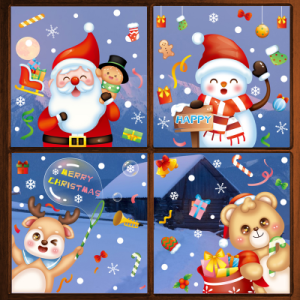 COMBO-Decal trang trí NOEL HÍT TĨNH ĐIỆN -Ông già noel và người tuyết cầm bảng Merry Christmas đón lễ (4 tấm)-CDN114
