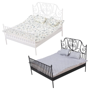 บ้านตุ๊กตาเตียงคู่พร้อมเตียงและที่นอนแบบถอดได้สำหรับฉากขนาดเล็ก1/12แสดงอุปกรณ์เสริม