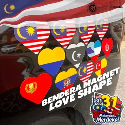 [🇲🇾MERDEKA🇲🇾] Magnet Bendera Malaysia & Negeri Kereta Merdeka Bentuk Hati (Love Shape) 165mm | Car Magnet Flag Reusable