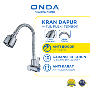 ONDA Kran Wastafel Cuci Piring V-TUL FLEXI Tembok 1/2 In Keran Air Cuci Piring Tembok Stainless Anti Bocor Keran Dapur Onda Pencuci Piring Leher Angsa Selang Fleksibel 2 Mode Keluaran Air Deras