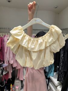 Womens Cute Plain Ruche Puff Sleeve Top/Off-Shoulder T-shirt/Loose Solid Color Blouse