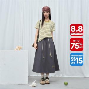 Giordano Women Beaded drawstring waist embroidery maxi skirt Free Shipping 18466315