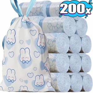 ถุงขยะกระต่ายหัวใจสีฟ้า ถุงขยะในครัวแบบมีเชือกผูก หนาพิเศษและป้องกันการรั่ว การออกแบบกระต่ายการ์ตูนน่ารัก