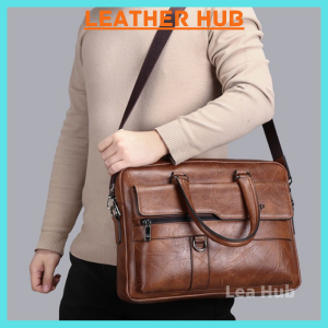 WITH VIDEO Mens Leather Briefcase Document Bag Waterproof Business Bag Laptop Beg Lelaki Kulit Halal [Msia Stock]