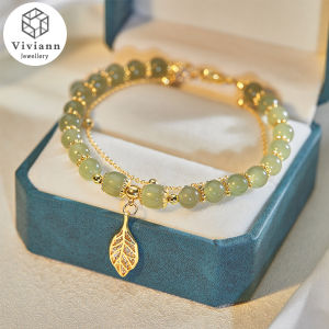 Viviann Original sterling silver Gold Branch Jade Leaf Double Chain Hetian Jade Bracelet Light Luxury 925 Sterling Silver 8mm Jade Beads Green Jade Chalcedony Bracelet For women Fine Jewelry Charm Gifts Women Bangle
