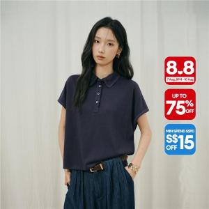 Giordano Women Crochet collar short sleeve polo shirt Free Shipping 18316603