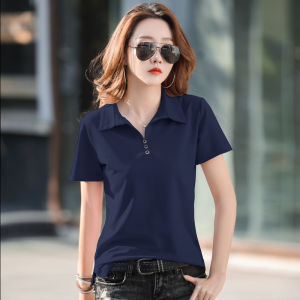 2021 New Fashion Polo Collar Short Sleeve T-Shirts for Women Cotton Simple Korean Style Woman Blouse Female Casual All-matching Base Shirt Summer Plain Ladies Clothes Slim Thin Solid Color Polo T-Shirt Odell Lapel Tops