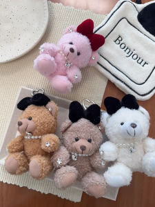 Charming Plush Bear with Bowknot Comforting Plush Bear Charm with Bowknot Keyring Charm Gift for Kids and Women