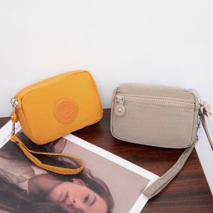 DIVATEN Double Layer Women Wallet with Lanyard Solid Color Coin Purse Nylon Zipper Clutch Bag Outdoor