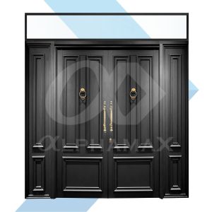 ALPHAMAX Grande Noir Pintu Aluminium Full Panel Double Swing Simetris 3 Ornamen Klasik Pull Handle dilengkapi Door Knocker Antique Brass dengan 2 Window Ornamen + Bouven Kaca Fix 5mm 263 x 265 cm