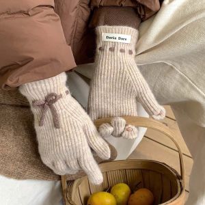 NOVELLEO Y2K Knitted Strap Bow Gloves Touch Screen Bow Winter Gloves Fashion Thickened Girls Anti-cold Mittens Students