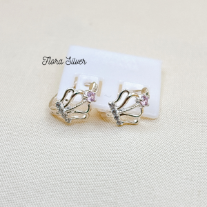 FLORA 0695B - Bông tai bạc ta hình vương miện đính đá hồng trắng dành cho bé gái