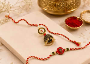 Handcrafted Om Rakhi & Jhumka Lumba Set – Traditional Raksha Bandhan Bhaiya Bhabhi Rakhi with Pearl Detailing & Red Gold Thread (Pack of 2 Pcs)
