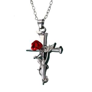 Alloy Rose Crucifix Pendant Necklace For Everyday Wear Religious Symbol Gift With Adjustable Chain Design