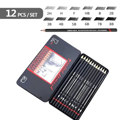Set Pensil Sketsa dan Lukis Profesional Kotak Besi/Karton 12 Buah Pensil Sketsa 2H-8B Khusus untuk Siswa Seni Alat Lukis