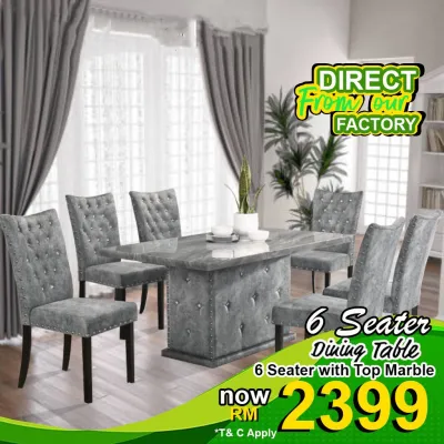 6 Seater Marble Dining Set Meja Makan Marble Dining Table Ready Stock + Free Shipping + Siap Pasang Modern Meja