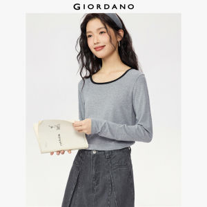 Giordano Women Contrasting square neck long sleeve slim tee Free Shipping 05325811
