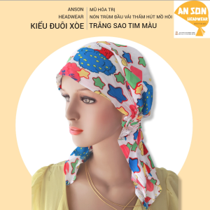 Nón hóa trị vải mềm mát hút mồ hôi bệnh nhân ung thư mũ hóa trị chemo hat cancer hat nón trùm đầu [KIỂU ĐUÔI XÒE-MÀU TRẮNG SAO TIM MÀU ]