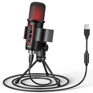 JAMELO RGB mikrofon untuk siaran langsung permainan Mic dengan Output Headphone Plug kawalan kelantangan dan main mikrofon