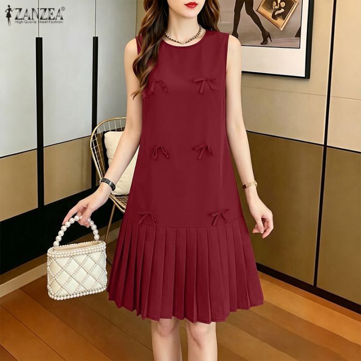 korean knee length dresses ZANZEA Style Women Elegant Sleeveless 3D Bowknot O-Neck Plain Dress #0720 abito nero