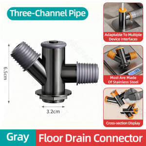Home Washing Machine Drain Pipe Floor Drain Replacement Head 304 Stainless Steel Gray T-Connector Diverter 3-in-1 Floor Drain Connector