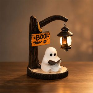 3D Resin Cute Ghost Reading Light Battery Operated Spooky Book Figurine Lamp Warm LED Glow Desk Night Light For Bookshelf Bedroom Halloween Room Decor Lamps