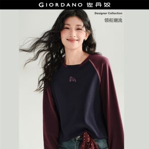 Giordano Women Cat embroidery contrast raglan sleeve tee Free Shipping 18326529