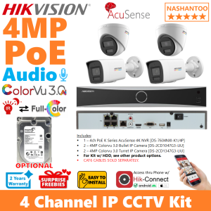 Hikvision 4CH 4MP 4Cameras Colorvu 3.0 Audio PoE Outdoor IP Network CCTV Package (4Cameras + NVR ) 4CH DIY IP CCTV Kit NASHANTOO IP 4/4CRA4(2B2T) 04K1/P (with optional HDD) (Cables are not included)