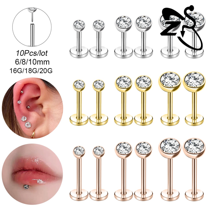 Set 10 Pcs Stainless Steel Lip Piercings Plug-in Style Crystal Nose